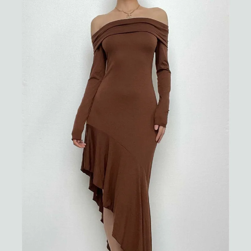 Exclusive Savings BerryBetty - Irregular off shoulder long sleeve ruffle solid maxi dress