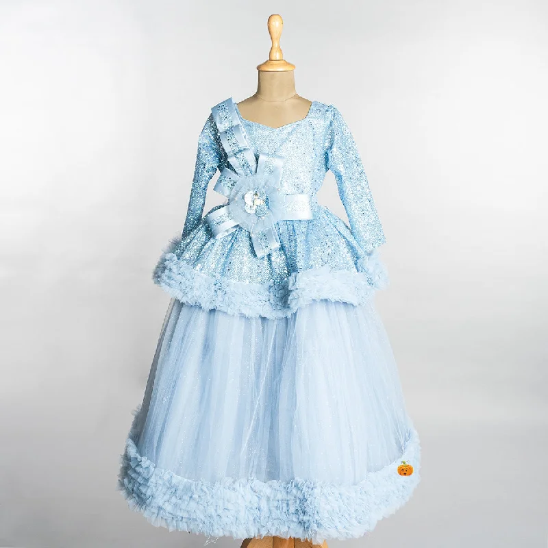 New Deals Sky Blue Sequin Layered Girls Gown