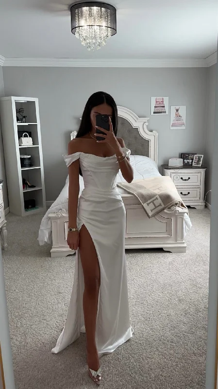 Markdowns OFF WHITE SATIN OFF SHOULDER MAXI DRESS