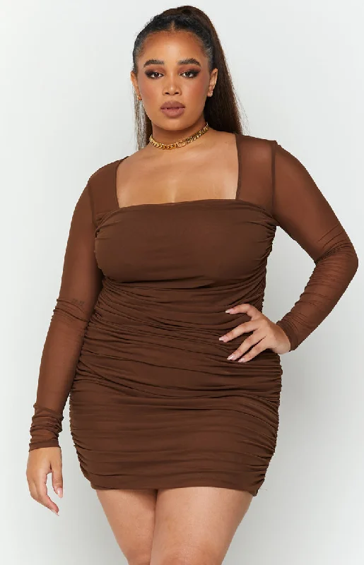 Flash Deals Estee Long Sleeve Mesh Party Dress Brown