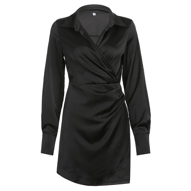 Amazing Deals BerryBetty - Satin zip-up solid long sleeve turnover collar ruched mini dress