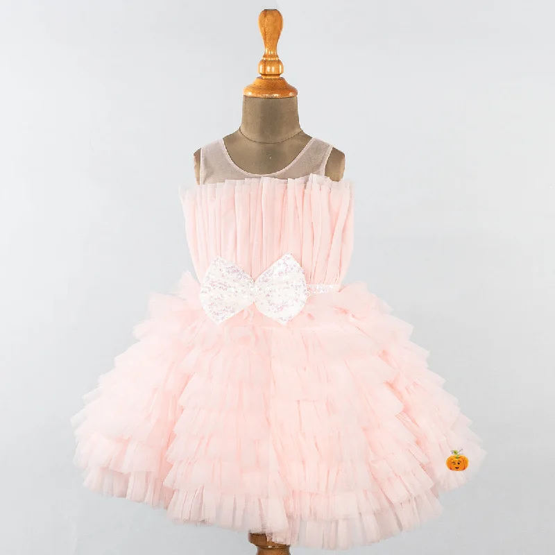 Hurry In Peach Bow Net Frock for Girls