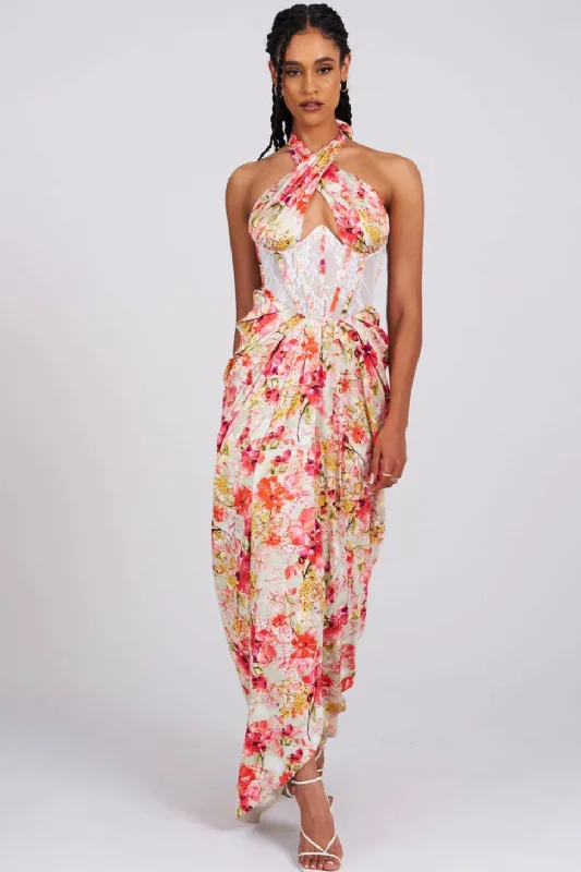 Get It Before It’s Gone ZINA RED FLORAL CORSET SATIN GOWN