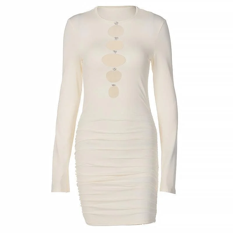 Great Deals BerryBetty - Long sleeve hollow out buttoned solid ruched dress - Final Sale