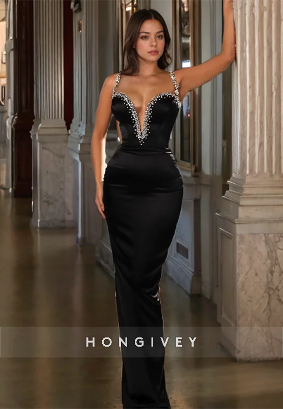 Buy More, Save More Sexy Satin Fitted Plunging V-Neck Spaghetti Straps Empire Beaded Party Prom Evening Dress