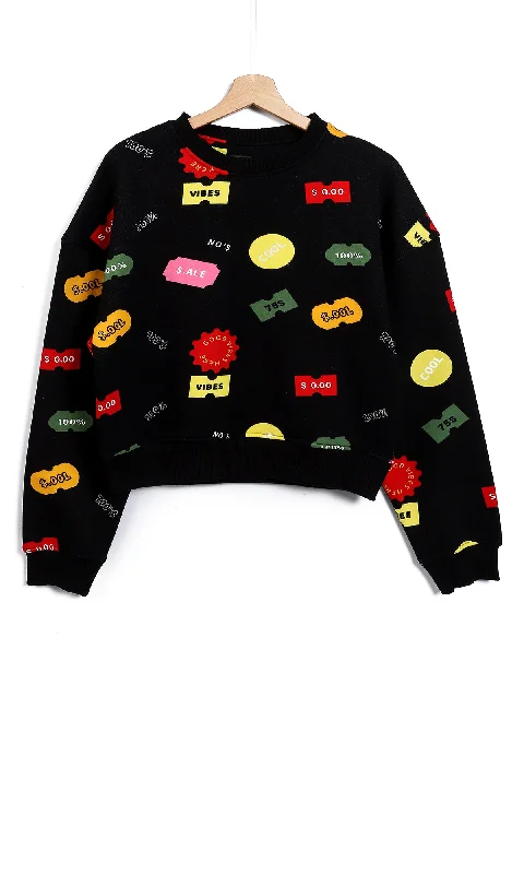 O154500 "Good Vibes" Printed Cropped Black Long Sleeves Sweatshirt