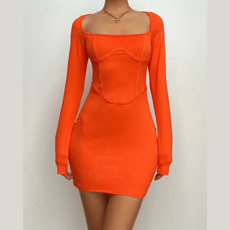 Closeout BerryBetty - Square neck long sleeve solid corset mini dress