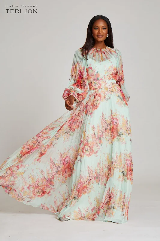 Incredible Offers Printed Floral Pleated Maxi Gown
