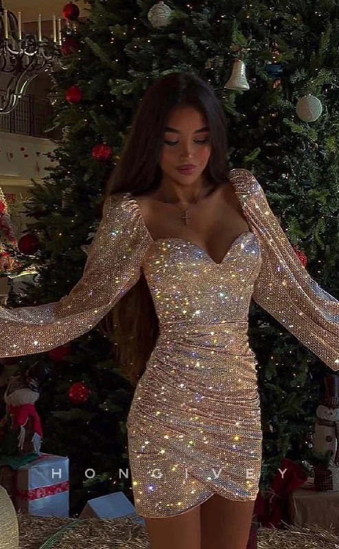 Online Only H1607 - Sparkly Fully Sequined Bell Sleeved Homecoming Party Dress