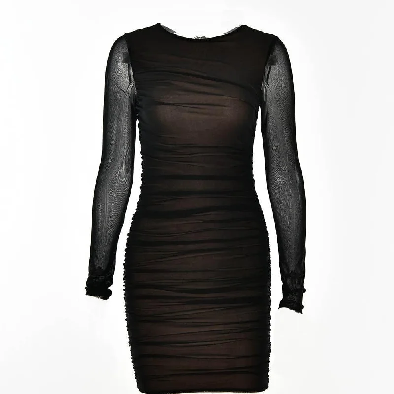 Final Clearance BerryBetty - Mesh long sleeve solid ruched crewneck mini dress