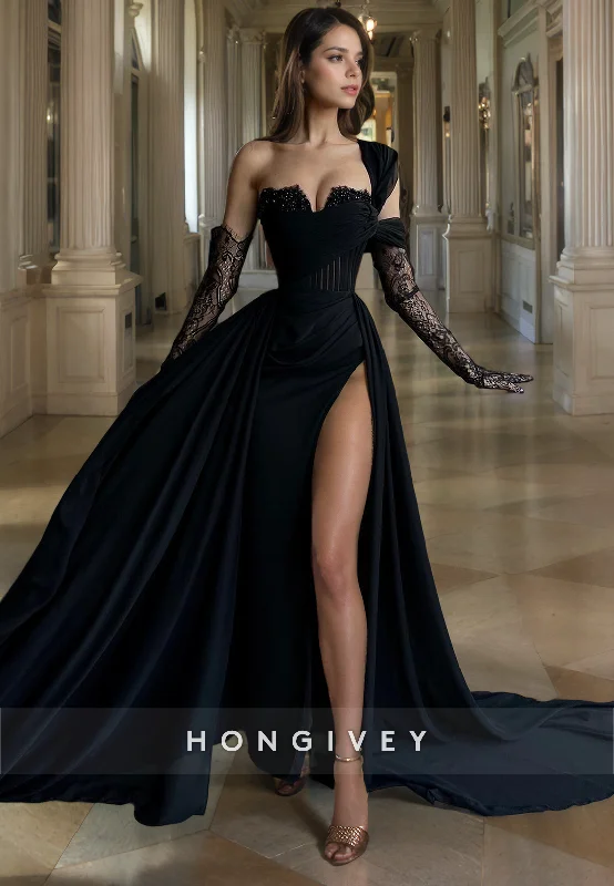 Extra Savings Sexy Illusion Asymmetrical Lace Sleeves With Train and High Slit Party Prom Formal Evening Dress