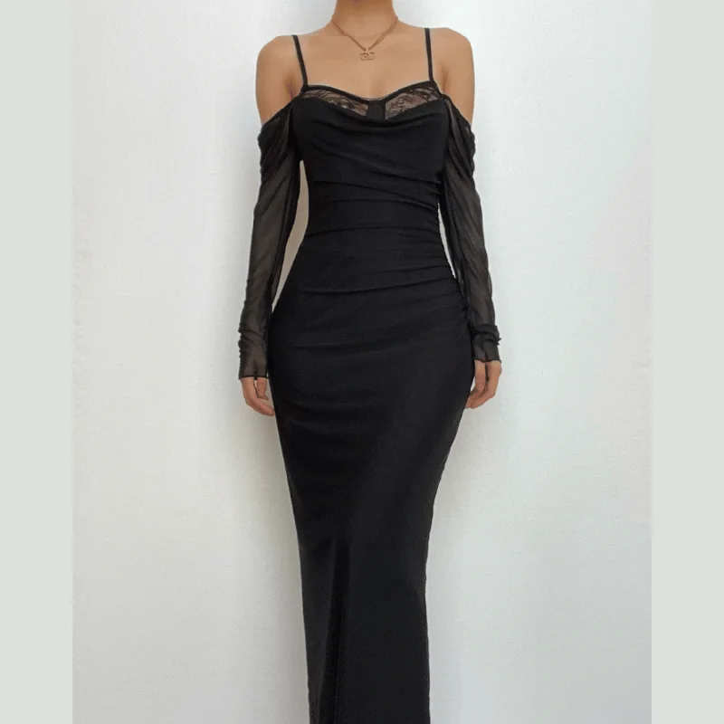 Now or Never BerryBetty - Patchwork lace mesh long sleeve zip-up slit solid maxi dress