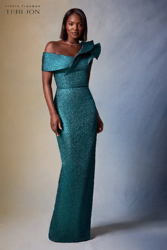 Take Advantage Metallic Jacquard Asymmetrical Ruffle Gown