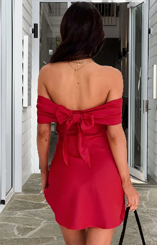 Midnight Madness Primrose Red Satin Off the Shoulder Mini Dress
