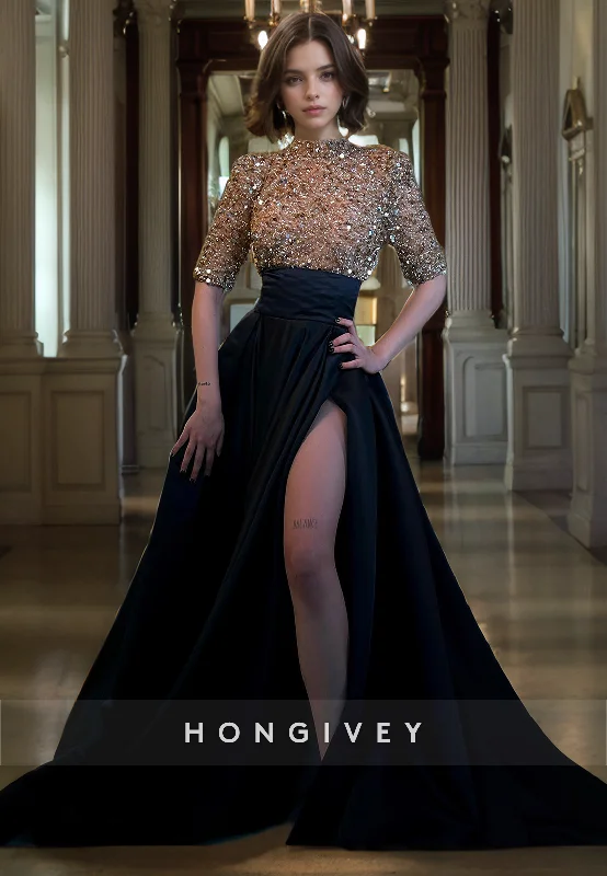Weekend Flash Sale L0983 - Sparkly Sequined Paneled With Train and High Slit Prom Formal Evening Party Dress
