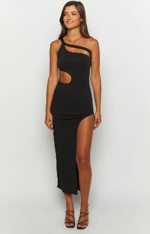 Daily Specials Natalia Black One Shoulder Midi Dress