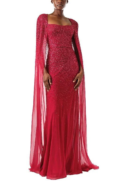 Price Smash Embroidered Chiffon Gown With Cape