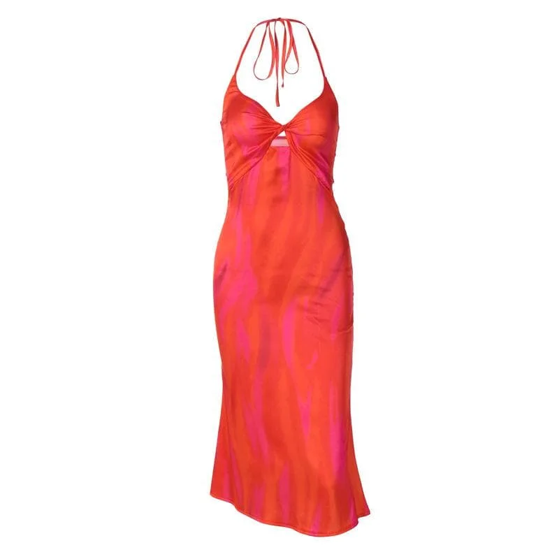Massive Deals BerryBetty - Backless self tie knotted satin halter midi dress