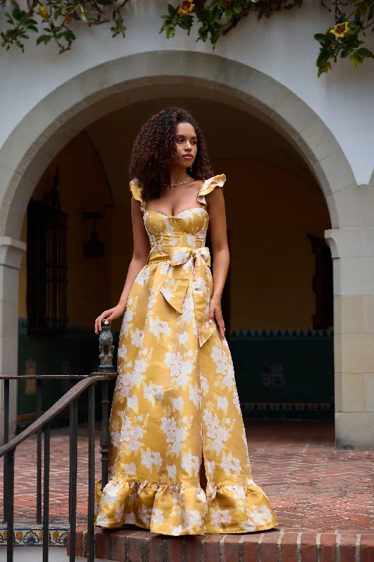 Referral Discount The Veronica Dress in Gold Baroque Floral