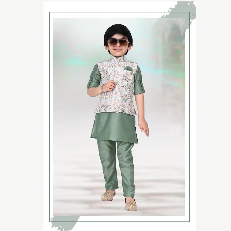 Massive Deals Pista Embroidered Boys Kurta Pajama with Jacket