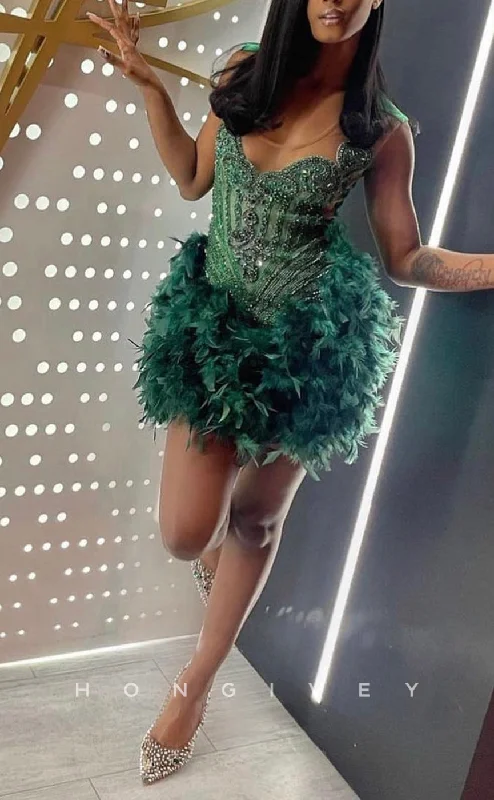 New Markdowns H2092 - Sexy Fitted Glitter Illusion Scoop Cap Sleeves Feathers Homecoming Dresses For Black Women