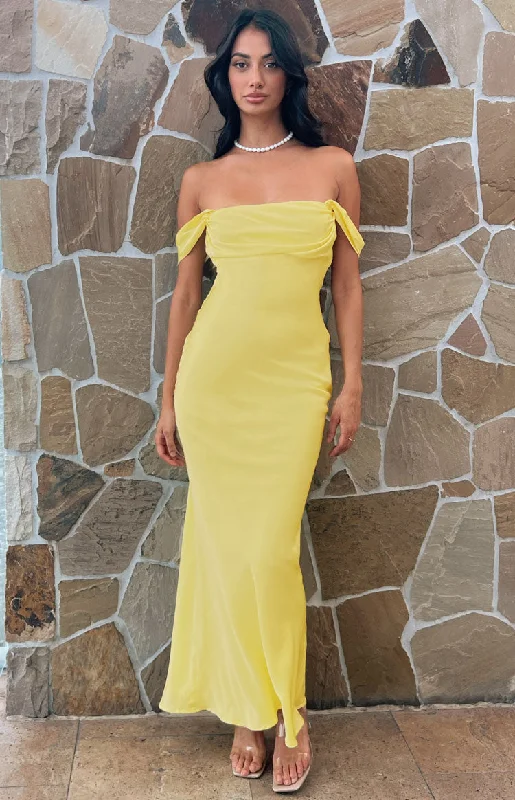 Can't Miss Ella Light Yellow Off Shoulder Formal Maxi Dress