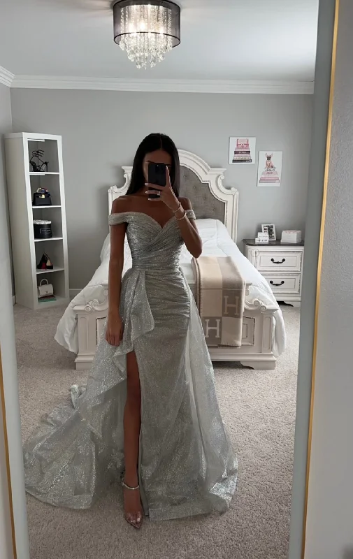 Incredible Offers OFF SHOULDER FITTED GLITTER GOWN