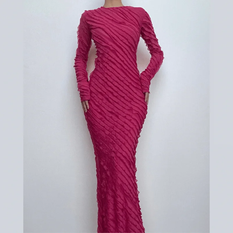Exclusive Access BerryBetty - Textured long sleeve crewneck ruffle solid maxi dress