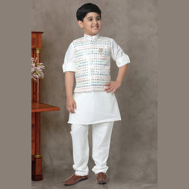 Price Slash Cream Embroidered Boys Kurta Pajama with Jacket