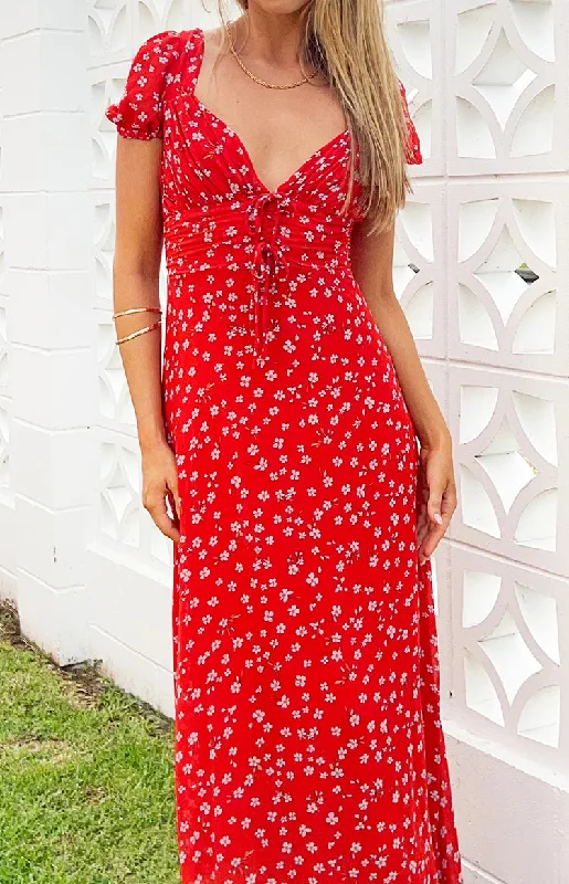 Super Deal Ayla Red Floral Short Sleeve Maxi Dress