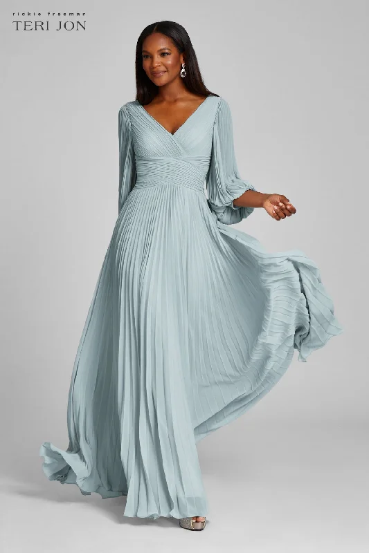 Discount Deals Chiffon Puff Sleeve Pleated VNeck Gown