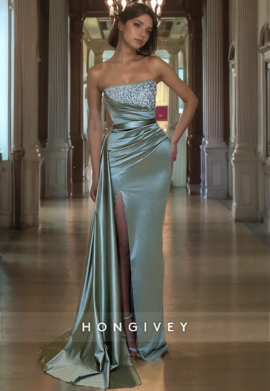 Extra Savings L0951 - Sparkly Ormate Sheer Beaded Tube Top Paneled High Slit With Train Evening Party Prom Dress Extra Savings L0951 - Sparkly Ormate Sheer Beaded Tube Top Paneled High Slit With Train Evening Party Prom Dress