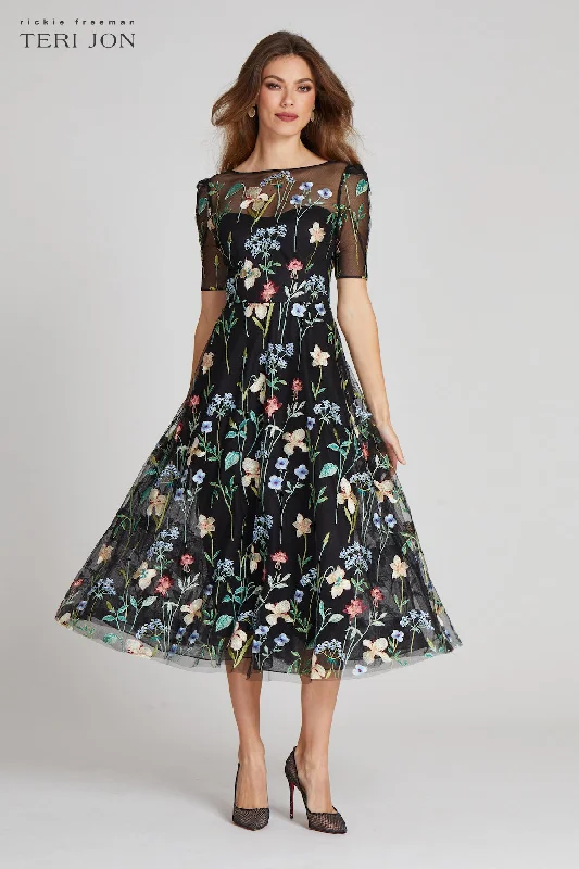 Super Savings Embroidered Tulle Dress With Floral Print