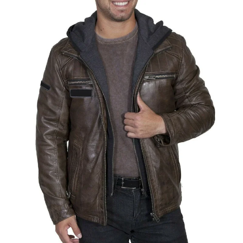 Can't Miss Scully Men's Antique Brown Lamb-Skin Jacket with Hoodie Insert 1016-12