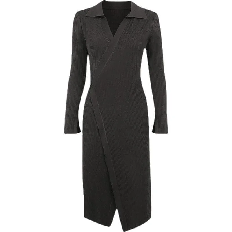 Don't Miss BerryBetty - Ribbed solid long sleeve turnover collar slit v neck midi dress