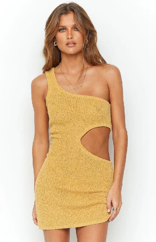 Stock Up and Save Laurynn Mustard Knit Mini Dress