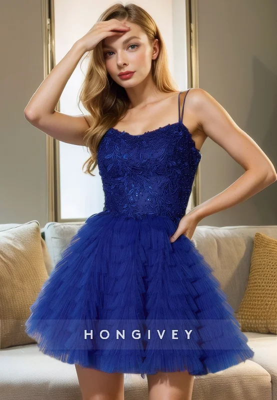 Deal Zone A-Line Spaghetti Straps Bateau Two Tone Lace-Up Party/Homecoming Dress