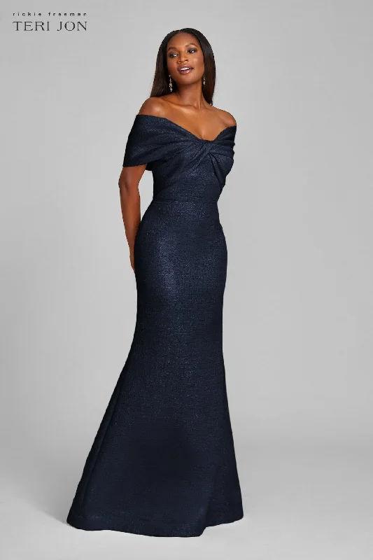 Big Discounts Metallic Jacquard Twist Bodice Off The Shoulder Gown