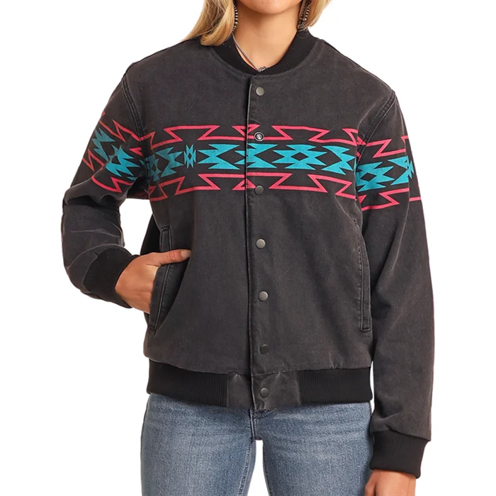 Panhandle Ladies Border Print Black Bomber Jacket BW92D05347