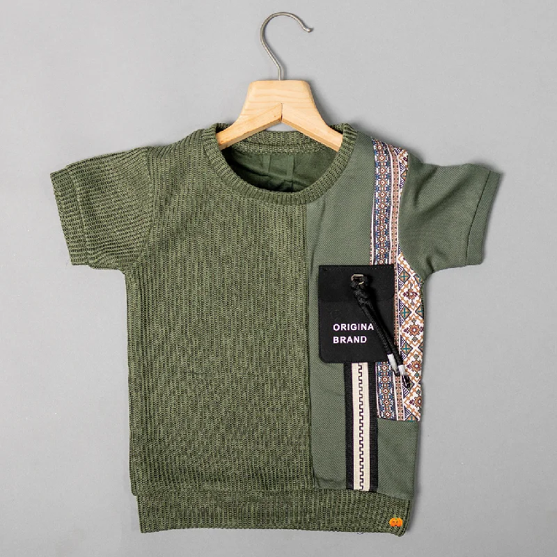 Blowout Deals Green & Cream Half Sleeves Boys T-shirt