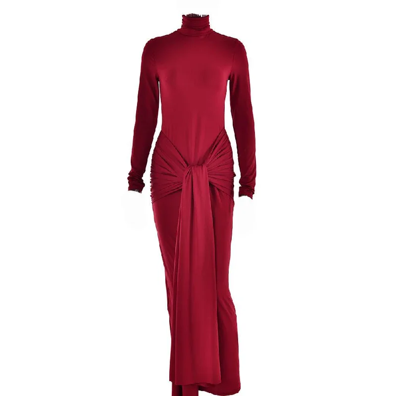 One-DAY Sale BerryBetty - Ruched solid long sleeve turtle neck self tie maxi dress