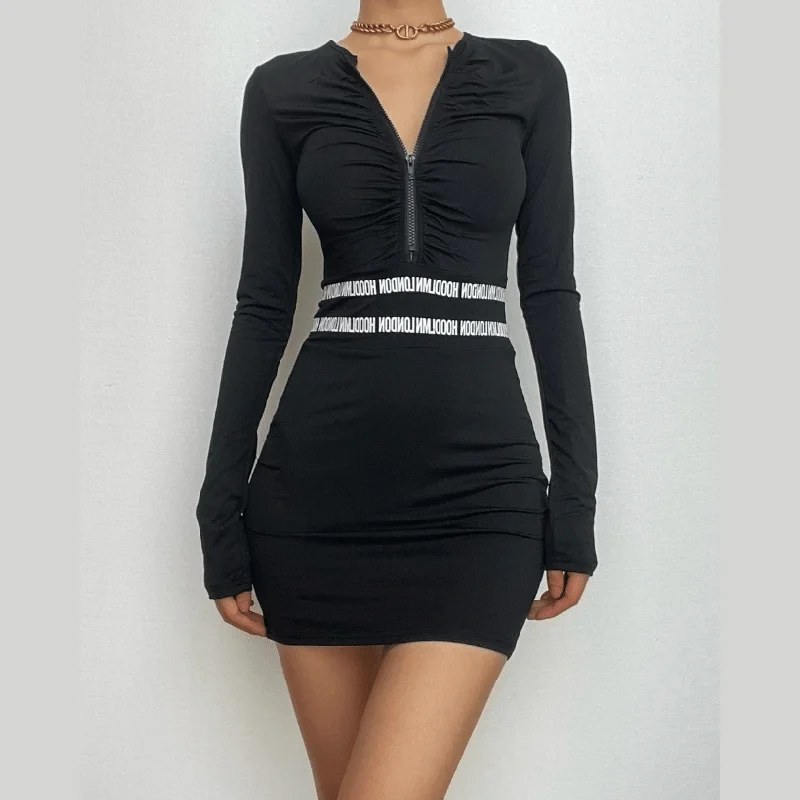 Reduced Prices BerryBetty - Ruched zip-up long sleeve contrast mini dress