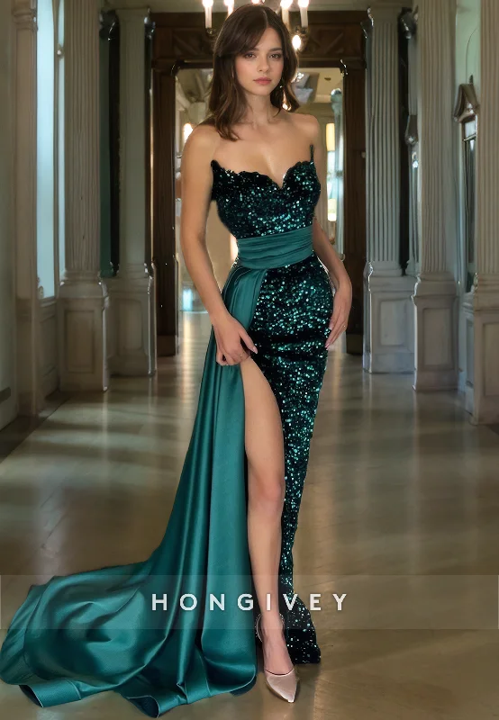The Best Prices L0943 - Sequins Stain Paneled Sparkly High Slit With Train Party Evening Prom Dress The Best Prices L0943 - Sequins Stain Paneled Sparkly High Slit With Train Party Evening Prom Dress