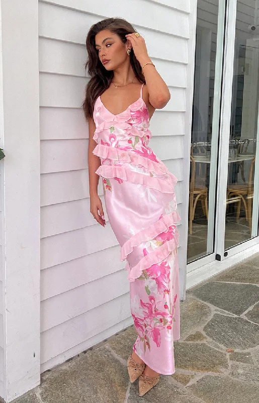 Blowout Deals Inara Pink Floral Print Ruffle Maxi Dress