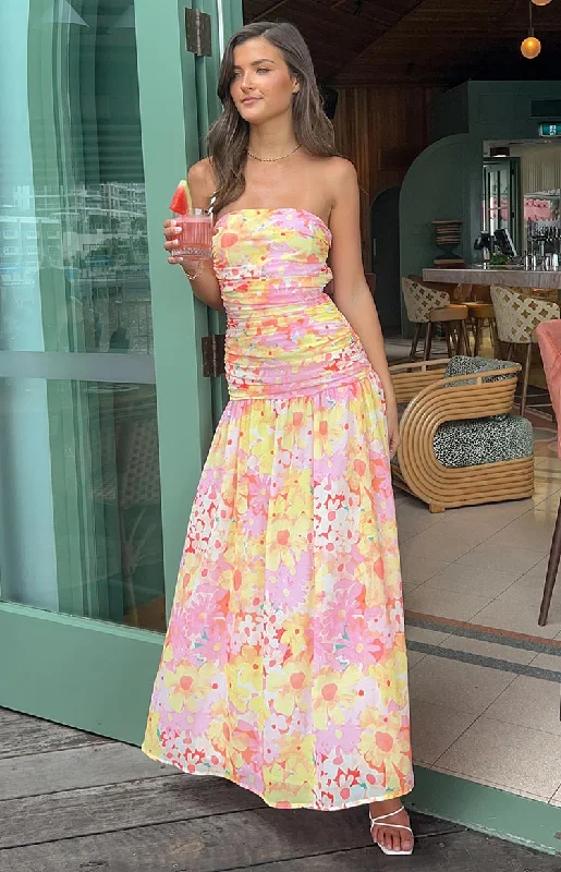 Major Savings Sinclair Yellow Floral Print Strapless Maxi Dress
