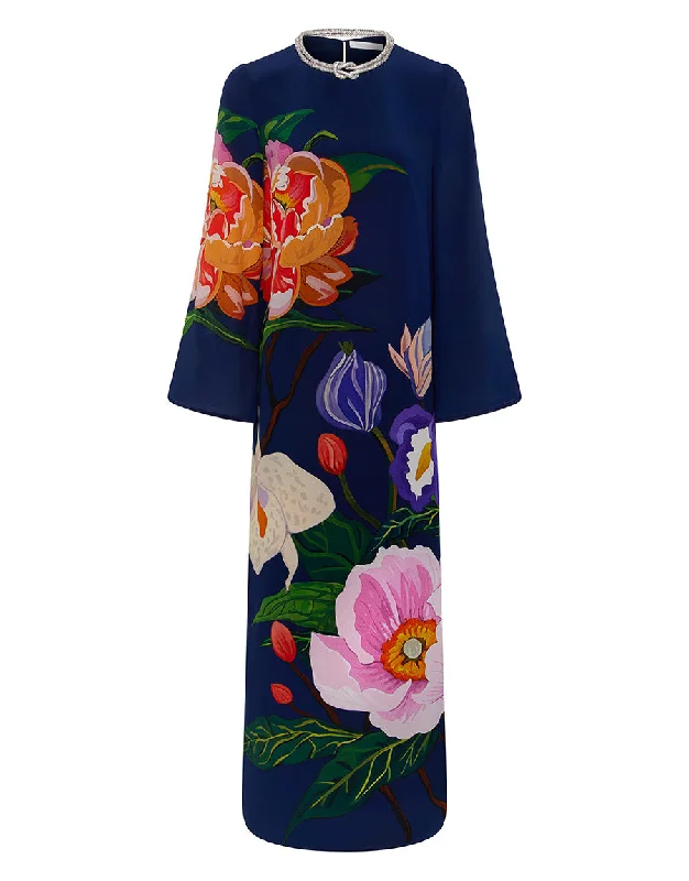 Reduced Prices Capucine Crepe Maxi Dress in Tree Of Life Navy