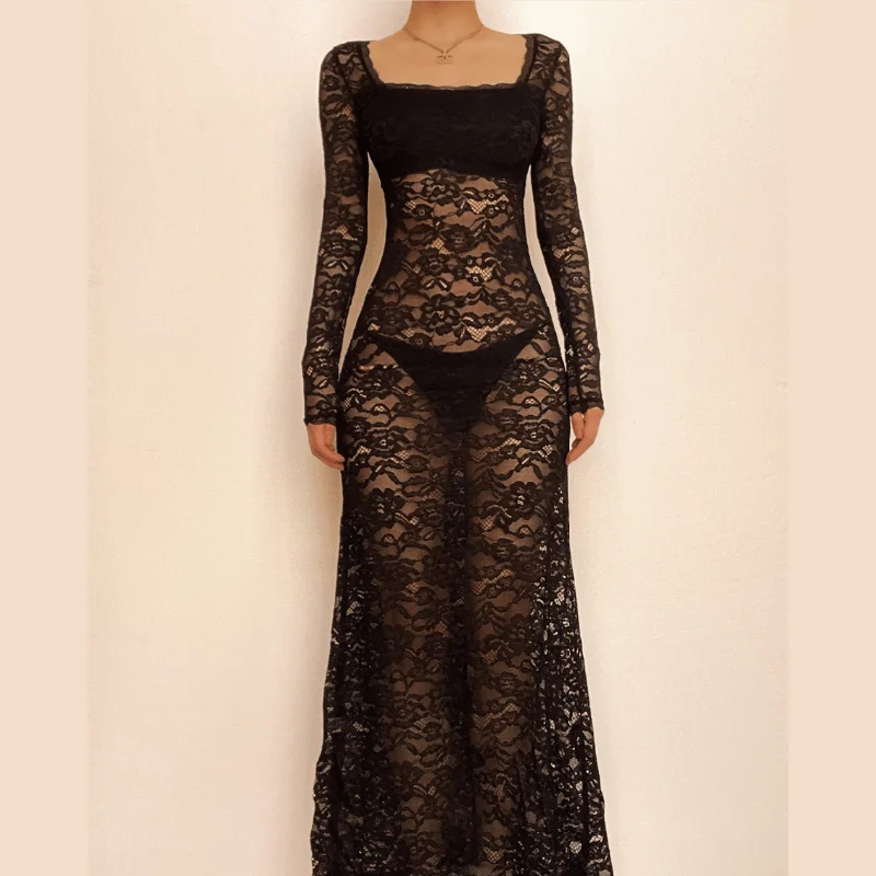Special Savings BerryBetty - Lace see through square neck long sleeve zip-up solid maxi dress