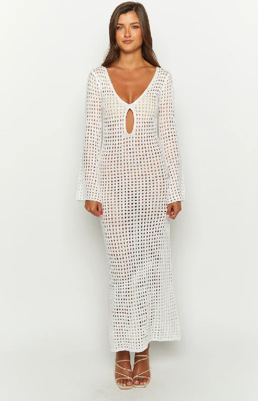 Limited Time Discount Destinations White Crochet Long Sleeve Maxi Dress