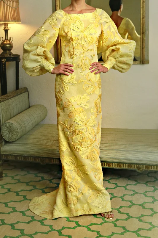 Limited Edition Full Sleeve Slim Gown with Train in Yellow and Gold