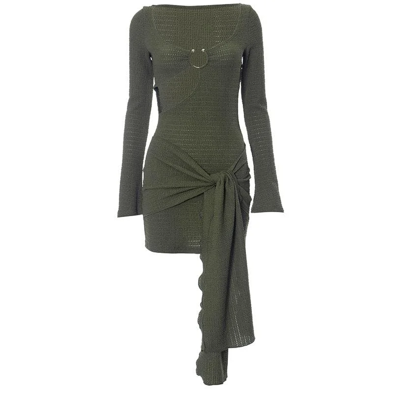 Flash Deals BerryBetty - Textured o ring hollow out long sleeve self tie mini dress